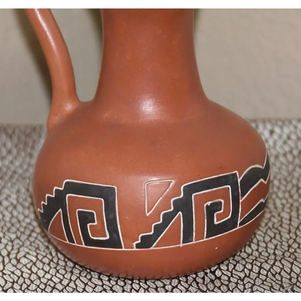 Mexican Hand Crafted Aztec Design Water Jug Pitcher - Red Clay / Barro Rojo